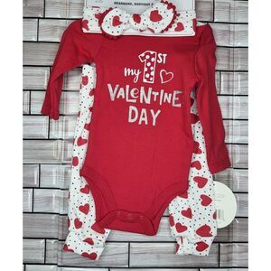 New Baby Kiss 3-6 Months 3 Piece Outfit My 1st Valentine's Red White Long Sleeve